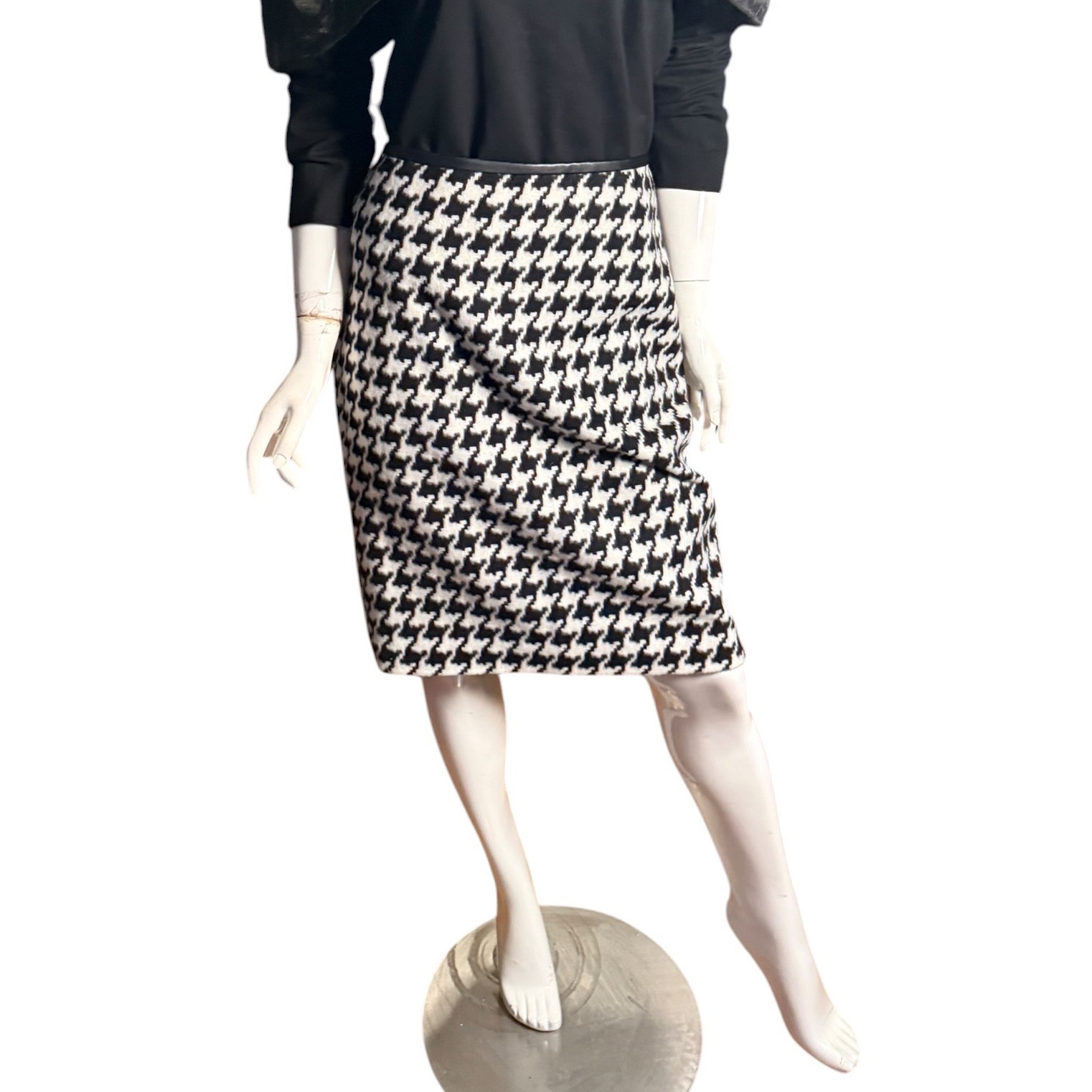 Talbots Skirt Womens 12 Black White Houndstooth Wool Pencil Faux Leather Trim